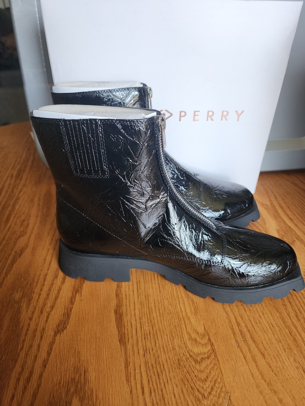 NEW Katy Perry Collections Black Patent Leather Ankle Boots with Front Zipper - Picture 2 of 9